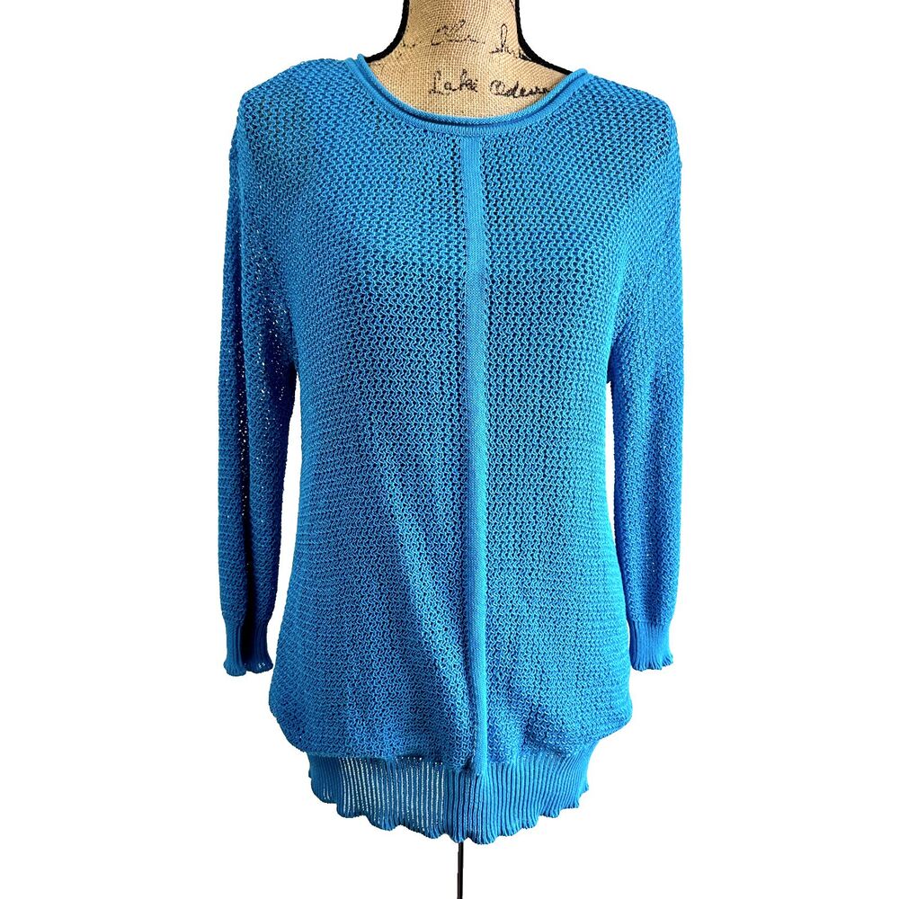 LaVia 18 by Piazza Sempione Womens Turquoise Blue Crochet Mesh Knit Sweater SZ M
